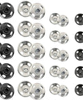 120 Set Sew-On Metal Snap Buttons Pack With 8mm And 10mm Sizes In Black And Silver, easy press studs arranged on white background