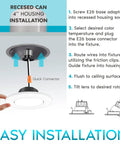 Diagram showing installation of 4 Inch Gimbal LED Recessed Can Lights With 8W To 60W Equivalent Five Color Temperature Options 2700K 3000K 3500K 4000K 5000K CRI 90 Dimmable Downlight 700 Lumens Wet Rated Energy Star ETL Listed 4 Pack.