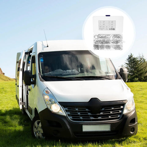 Van with stainless steel cotter pins assortment kit 125 pieces for quick locking and secure fastening displayed above it.