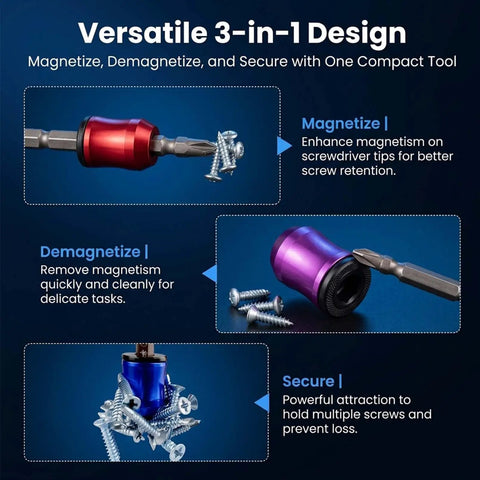 Magnetic Screw Ring One Quarter Inch Hex Holder For Drill Drivers Aluminum Alloy Bit Magnetizer Demagnetizer Three In One Magnetic Screw Holder with screws visible.