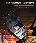 Electric Drum Set For Adults Full Size That Feels Pro With 10 Inch Quiet Mesh Pads 12 Inch Crash Cymbals 100 Kits 900 Plus Sounds 50 Demo Songs Sticks USB MIDI And Built In Learn And Play App featuring iPad in slot with a hand adjusting mixer.