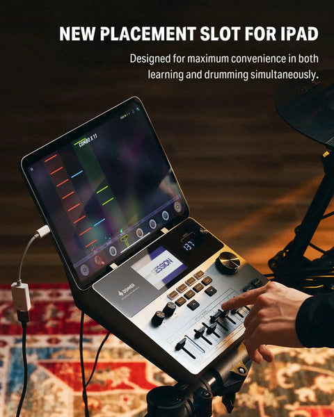 Electric Drum Set For Adults Full Size That Feels Pro With 10 Inch Quiet Mesh Pads 12 Inch Crash Cymbals 100 Kits 900 Plus Sounds 50 Demo Songs Sticks USB MIDI And Built In Learn And Play App featuring iPad in slot with a hand adjusting mixer.