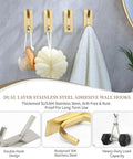 4 Pack Heavy Duty Peel And Stick Wall Hooks In Bright Gold Finish, holding kitchen gear and bath items, durable SUS304 stainless steel.
