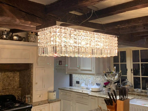 Ultra Modern Crystal Chandelier With Rectangle Raindrop Design in kitchen, chrome flush mount pendant light, 31.5" x 10" x 9"