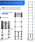 Extendable Aluminum Telescoping Ladder With One Button Retraction 12.5 Ft Portable Folding Ladder Lightweight And Compact For Home RV Camping Attic 330 Pound Capacity: diagram showing dimensions and extension details.