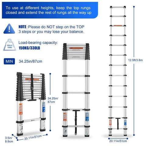 Extendable Aluminum Telescoping Ladder With One Button Retraction 12.5 Ft Portable Folding Ladder Lightweight And Compact For Home RV Camping Attic 330 Pound Capacity: diagram showing dimensions and extension details.