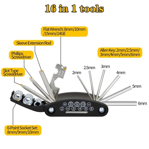 16 In 1 Bike Multitool For On The Go Repairs Portable Folding Bicycle Tool Kit With Wrenches Hex Keys Flat Wrenches Screwdrivers
