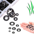 All In One Internal Tooth Star Lock Washers Kit With 360 Pieces In 9 Sizes M2 To M12 Push Nuts and hand displaying washers.
