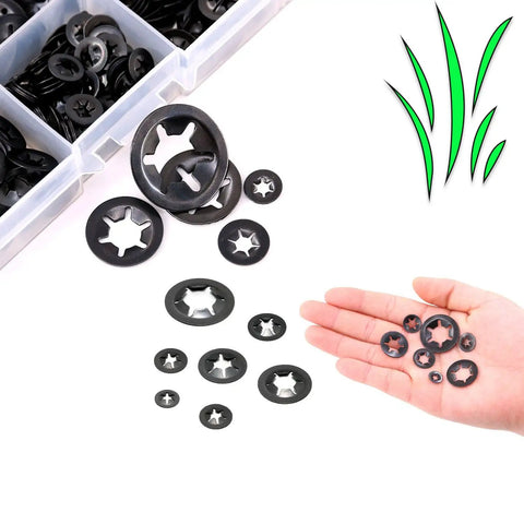 All In One Internal Tooth Star Lock Washers Kit With 360 Pieces In 9 Sizes M2 To M12 Push Nuts and hand displaying washers.
