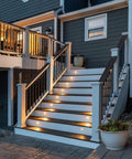 Stair Light Kit Four Pack Charcoal Black With Rugged Built To Take A Beating Powder Coated Aluminum Housing And Polycarbonate Lens Featuring Cree SMD LEDs 3000K illuminating exterior staircase.