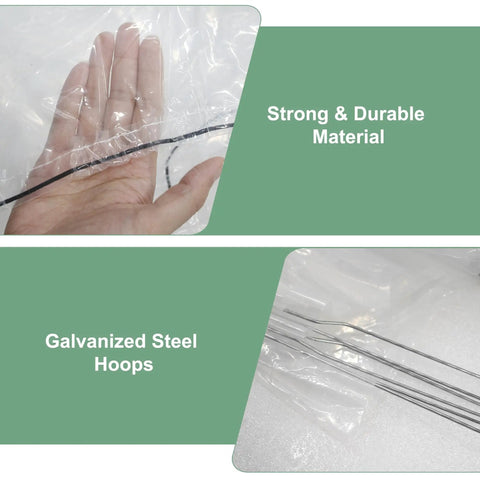 Hand holds cloche cover showing strong material. Galvanized steel hoops displayed for 2-In-1 Outdoor Greenhouse Tunnel For Gardens And Chicken Coops.