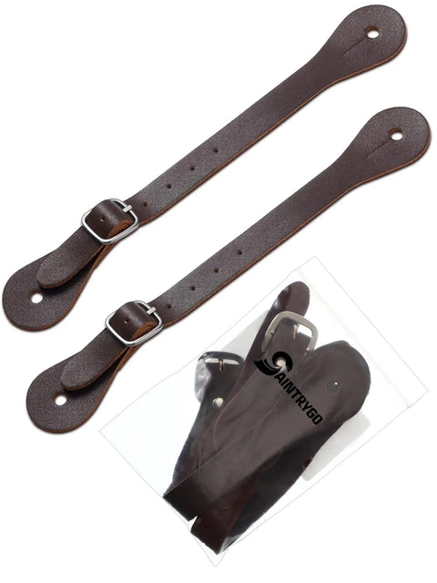 2 Piece Leather Spur Straps For Boots, Adjustable Western, rustic brown leather with buckles, shown with packaging.