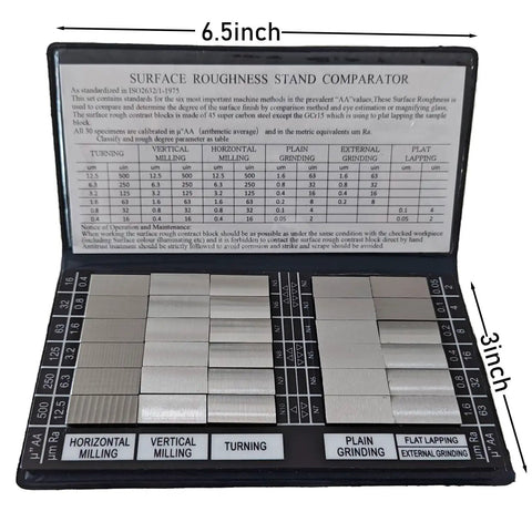 30 Piece Surface Roughness Comparators Set With Ra0.05-12.5mm Microfinish Blocks, open case showing block layout and labels