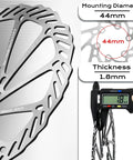 Close-up of 2 Pack Bike Brake Rotors 140mm 160mm 180mm 203mm Stainless MTB Disc Rotors With 12 Bolts showing 44mm diameter and 1.8mm thickness.