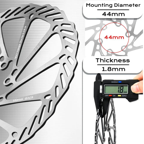 Close-up of 2 Pack Bike Brake Rotors 140mm 160mm 180mm 203mm Stainless MTB Disc Rotors With 12 Bolts showing 44mm diameter and 1.8mm thickness.
