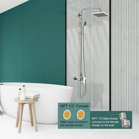 Dope Polished Chrome Exposed Shower System With 8 Inch Square Rainfall Shower Head And Hand Sprayer Wall Mounted Solid Brass
