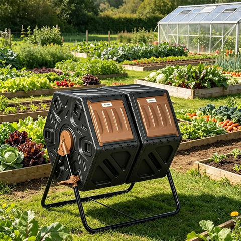 Dual Chamber Compost Tumbler For Backyard And Garden 360 Degree Rotating Design With 24 Aeration Vents 34.5 Gallon in garden