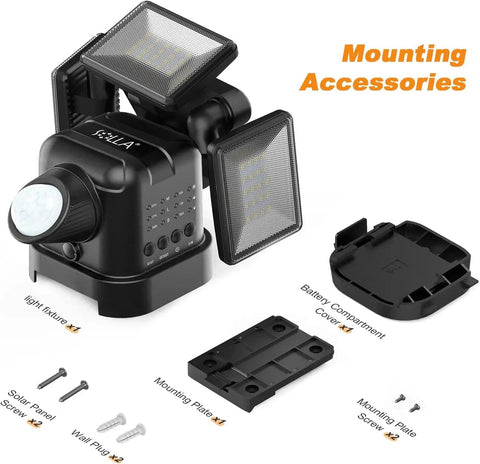 Alkaline Battery Motion Sensor Outdoor Lights 750LM Wireless Flood Lights with 3 head design and mounting accessories shown.
