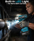 Person using Cordless Impact Wrench 1/2 Inch High Torque Beast With Brushless Motor 479 Ft Lbs (650 Nm) in dimly lit area with LED light.