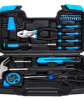 Open Grab And Go 39 Piece Basic Home Tool Set For DIYers With Quick Fixes In Home Garage Office Or Dorm, Includes Claw Hammer And 20 Screwdrivers, Stored In A Durable Blue Toolbox Storage Case with tools visible