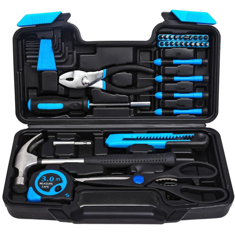 Open Grab And Go 39 Piece Basic Home Tool Set For DIYers With Quick Fixes In Home Garage Office Or Dorm, Includes Claw Hammer And 20 Screwdrivers, Stored In A Durable Blue Toolbox Storage Case with tools visible