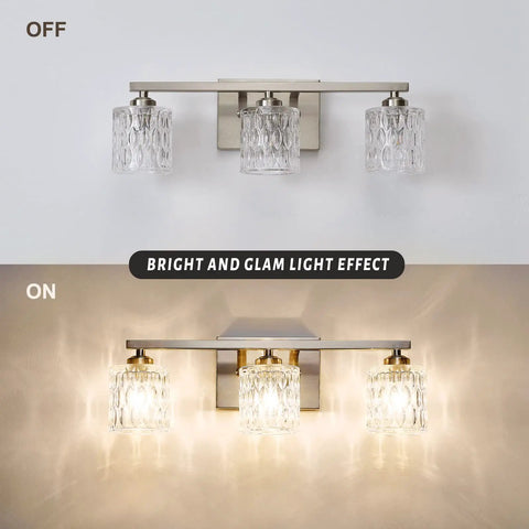 Sleek Modern Bathroom Light Fixtures With Three Crystal Glass Vanity Lights Over Mirror In Brushed Nickel Finish G9 Bulb Not Included Ideal For Master Ensuite Powder Room Easy To Install Durable Design off and on view