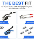 Top Shelf Half Inch By Seventy Two Hundred Foot Polypropylene Strapping Roll tools for securing cargo, including tensioner, sealer, and crimper.
