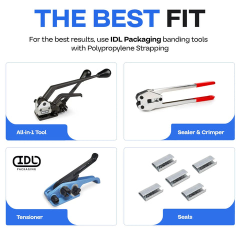 Top Shelf Half Inch By Seventy Two Hundred Foot Polypropylene Strapping Roll tools for securing cargo, including tensioner, sealer, and crimper.
