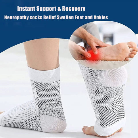 Person wearing Game-Changing Neuropathy Compression Socks For Women And Men With Ankle Support, size S/M, 4 Pairs, Black and White.