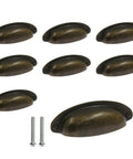 8 Pack 3.5 Inch Center Vintage Farmhouse Cup Pull Handles In Flat Bronze with screws for cabinets, dressers, and drawers