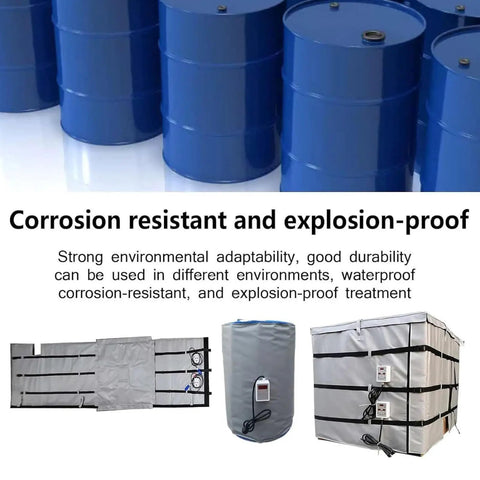 Defrost Any Freeze Quickly And Keep Your Thick Fluids Moving Smooth With This Heavy Duty Insulated Ibc Storage Tote Heater Featuring An Adjustable Temperature Heating Blanket For 275 Gallon Drums on blue barrels.