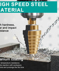 Step Drill Bit Set 5 Piece With Fifty Sizes HSS Titanium Coated Step Bits drilling metal with shavings and demonstrating resistance