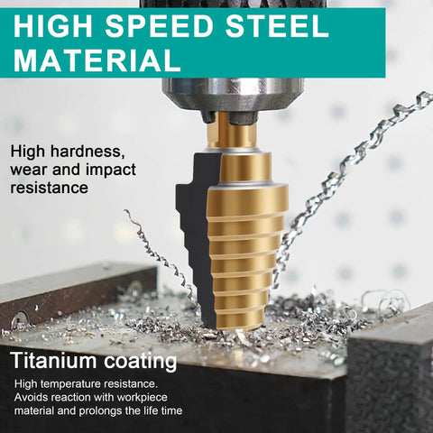 Step Drill Bit Set 5 Piece With Fifty Sizes HSS Titanium Coated Step Bits drilling metal with shavings and demonstrating resistance