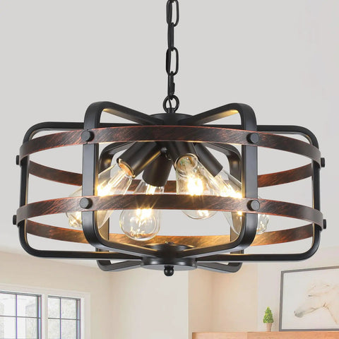 Dope Industrial Black 4 Light Cage Chandelier For Dining Room And Kitchen Farmhouse Rustic Pendant Light Fixture With Vintage Lantern Look And E26 Base For Ceiling Mount