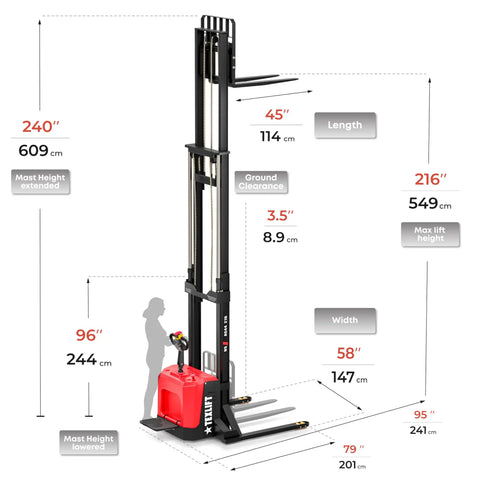Heavy Duty Electric Pallet Stacker With Stand, 4400 Lbs Capacity, 216 Inch Lift, Adjustable Forks, Fixed Straddle Legs, Walkie Electric Forklift Diagram