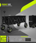 Massive 400L Collapsible Beach Wagon With 10 Inch Balloon Wheels For Sand, 54 Inch Long Extra Large Cart, Foldable With All Terrain Tires, 560Lb Heavy Duty Outdoor Utility Wagon, Black shown upright and folded