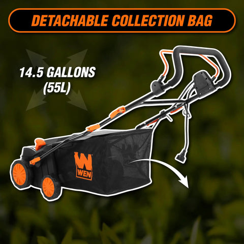 Two In One Electric Dethatcher And Scarifier with detachable collection bag and 16 inch clearing path, 15 amp motor