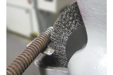 Ezmount Crimped Wheel Brush For Bench Grinders Pro Grade Heavy Duty Carbon Steel Wire Eight Inch Diameter in use for rust removal