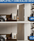 Pair Of Heavy Duty Hidden Door Hinges 9.7 Inch Concealed Flush Hardware in open and closed position for interior decor.