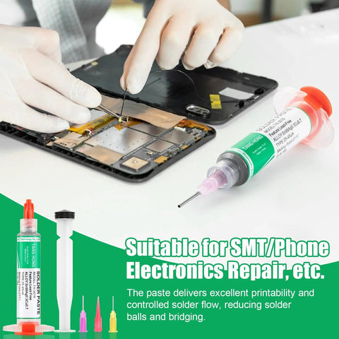 Person using Hot Temp Lead Free Solder Paste Sn99 Ag0.3 Cu0.7 for electronics repair with PCB, syringe in foreground.