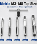 Beefy 6-Piece Metric Tap Wrench Set With Adjustable T-Handle And 4-Jaw Chuck, taps M3 to M8 displayed.