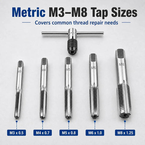 Beefy 6-Piece Metric Tap Wrench Set With Adjustable T-Handle And 4-Jaw Chuck, taps M3 to M8 displayed.