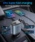Retractable 69W USB C 4 In 1 Fast Car Charger with hidden cable charging multiple devices in a vehicle interior setting.
