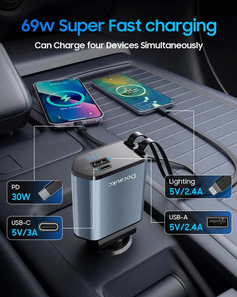 Retractable 69W USB C 4 In 1 Fast Car Charger with hidden cable charging multiple devices in a vehicle interior setting.