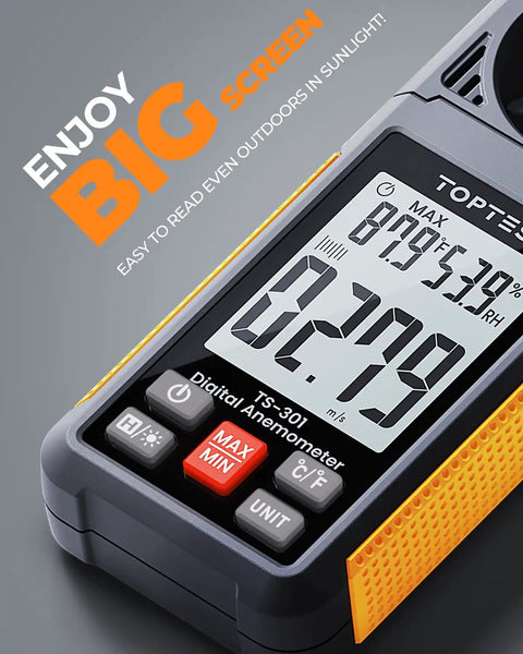 Handheld Wind Speed Meter With 2.26 Inch Backlit LCD Screen Digital Anemometer And Air Flow Meter For Sailing Surfing Drone Flying RC Plans Golf Shooting HVAC And Outdoor Adventures, close-up display