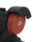 Close-up of Glomora Mini Bench Grinder For Milwaukee Battery Cordless Machine showing coarse grinding wheel for metal polishing.