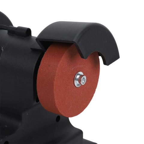 Close-up of Glomora Mini Bench Grinder For Milwaukee Battery Cordless Machine showing coarse grinding wheel for metal polishing.