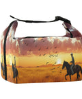 Desert Cowboy Ride Lunch Bag Insulated Tote with cowboy and sunset design, high capacity 9.4 x 6.7 x 9.8 inches, leakproof cooler