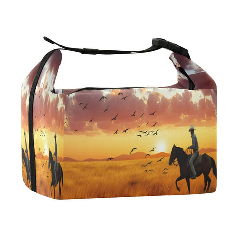 Desert Cowboy Ride Lunch Bag Insulated Tote with cowboy and sunset design, high capacity 9.4 x 6.7 x 9.8 inches, leakproof cooler