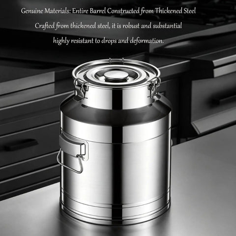 Premium 12.68 Gallon Stainless Steel Milk Can With Airtight Lids For Storing Rice Grain Coffee Beans Or Dog Food on stainless surface